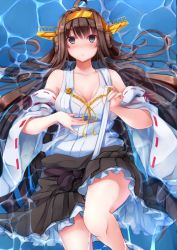 Rule 34 | 10s, 1girl, ahoge, blush, breasts, brown hair, brown skirt, cleavage, detached sleeves, double bun, hair bun, highres, in water, kantai collection, kongou (kancolle), kongou kai ni (kancolle), large breasts, long hair, looking at viewer, lying, nicoby, nontraditional miko, pleated skirt, skirt, solo