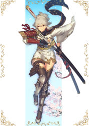 Rule 34 | 1girl, absurdres, armor, bead bracelet, beads, black gloves, black scarf, book, bracelet, breasts, cherry blossoms, closed mouth, earrings, fantasy, fingerless gloves, floral print, flower, gloves, greaves, grey hair, hair between eyes, hair flower, hair ornament, highres, holding, holding sword, holding weapon, japanese armor, japanese clothes, jewelry, katana, long sleeves, medium breasts, mugetsu2501, ootachi, original, pauldrons, petals, pouch, red eyes, scabbard, scarf, sheath, shoulder armor, single earring, smile, solo, sword, unsheathing, vambraces, weapon, weapon on back, wide sleeves