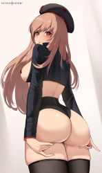 Rule 34 | 1girl, absurdres, ass, ass focus, ass grab, ass support, beret, black hat, black panties, blush, breasts, brown hair, from behind, goddess of victory: nikke, hat, highres, hioyami, huge ass, large breasts, long hair, looking at viewer, looking back, panties, parted lips, rapi (nikke), red eyes, shiny skin, short shorts, shorts, sideboob, smile, solo, thick thighs, thighhighs, thighs, underwear, very long hair