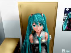 Rule 34 | 1girl, aqua eyes, aqua hair, arms behind back, blake yee, breasts, colored eyelashes, dated, detached sleeves, door, doorknob, hair ornament, hatsune miku, long hair, looking at viewer, necktie, open mouth, poster (object), shelf, signature, skirt, solo, twintails, very long hair, vocaloid