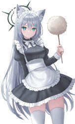 Rule 34 | 1girl, absurdres, alternate costume, black halo, blue archive, blue eyes, enmaided, grey hair, halo, highres, long hair, looking at viewer, maid, maid headdress, seungju lee, shiroko (blue archive), shiroko terror (blue archive), simple background, solo, thighhighs, thighs, white background, white thighhighs, zettai ryouiki
