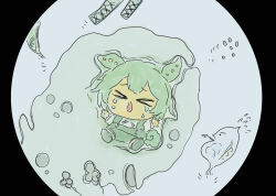 Rule 34 | &gt; &lt;, 1girl, amoeba, animal request, arms up, bacteria, black border, border, chibi, commentary, crying, facing viewer, fleeing, flying sweatdrops, furrowed brow, green hair, green shorts, grey background, highres, microscope, mini person, minigirl, mitsumura ikumi, open mouth, raised eyebrows, round image, shirt, shorts, simple background, solo, suspender shorts, suspenders, voicevox, vore, white shirt, zundamon