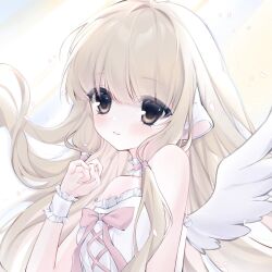 Rule 34 | 1girl, angel wings, blonde hair, bow, brown eyes, chii, chobits, choker, cross-laced clothes, cross-laced top, floating hair, frilled choker, frills, highres, lian (xhs id 9607280022), light blush, light smile, long bangs, long hair, looking at viewer, pale skin, pink bow, robot ears, simple background, sleeveless, solo, three-toned background, white wings, white wrist cuffs, wings, wrist cuffs