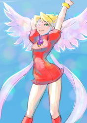 Rule 34 | 1girl, angel wings, blonde hair, blue background, blue gemstone, boots, bracelet, breath of fire, breath of fire iii, closed mouth, dress, gem, green eyes, gurata, highres, jewelry, nina (breath of fire iii), puffy sleeves, smile, stretching, thighs, wings