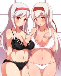 Rule 34 | 2girls, anna (sennen sensou aigis), arms behind back, asymmetrical docking, bad id, bad pixiv id, black panties, breast press, breasts, crossover, gluteal fold, hami gakko, hand up, headband, highres, kantai collection, large breasts, lingerie, long hair, look-alike, multiple girls, navel, panties, red eyes, red headband, sennen sensou aigis, shoukaku (kancolle), side-tie panties, sidelocks, smile, standing, underwear, underwear only, white panties, yellow eyes