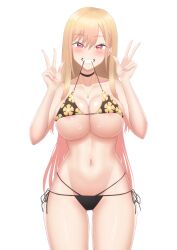 Rule 34 | 1girl, barbell piercing, bare shoulders, bikini, black bikini, black choker, blonde hair, blush, breasts, choker, cleavage, collarbone, commentary request, cowboy shot, double v, ear piercing, earrings, floral print, gradient hair, grin, groin, gyokuro (azfater), hair between eyes, highres, industrial piercing, jewelry, kitagawa marin, large breasts, long hair, looking at viewer, multi-strapped bikini, multicolored hair, navel, necklace, piercing, pink nails, print bikini, red eyes, side-tie bikini bottom, simple background, smile, solo, sono bisque doll wa koi wo suru, standing, stomach, swimsuit, teeth, v, white background