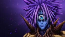 Rule 34 | 1boy, alien, blue eyes, blue skin, closed mouth, colored skin, commentary, cyclops, earrings, english commentary, highres, jewelry, lolzitsaduck, lord boros, male focus, one-eyed, one-punch man, pointy ears, purple hair, solo, spiked hair, spikes