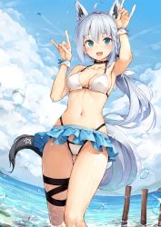 Rule 34 | 1girl, :d, ahoge, aircraft, airplane, animal ears, arm up, armpits, bare arms, bare shoulders, bikini, blue skirt, braid, breasts, choker, cleavage, cloud, collarbone, contrail, day, double fox shadow puppet, fox ears, fox girl, fox shadow puppet, fox tail, gluteal fold, green eyes, halterneck, hand up, highleg, highleg bikini, highres, hololive, long hair, looking at viewer, low ponytail, medium breasts, miniskirt, navel, open mouth, outdoors, shirakami fubuki, shirakami fubuki (beachside fox), silver hair, skirt, sky, smile, solo, stomach, swimsuit, sy4, tail, thigh strap, thighs, virtual youtuber, wading, water, water drop, wet, white bikini