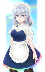 Rule 34 | 1girl, absurdres, apron, black pantyhose, blue dress, blue eyes, breasts, closed mouth, commentary request, cowboy shot, dress, frilled apron, frills, grenat0120, grey hair, happy, highres, izayoi sakuya, maid, maid apron, maid headdress, medium breasts, outdoors, pantyhose, puffy short sleeves, puffy sleeves, shirt, short sleeves, smile, touhou, unconnected marketeers, waist apron, white apron, white shirt