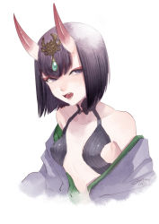 Rule 34 | 1girl, bare shoulders, bob cut, breasts, fate/grand order, fate (series), headpiece, horns, japanese clothes, kimono, nishiyama (whatsoy), open clothes, open kimono, purple eyes, purple hair, revealing clothes, short hair, shuten douji (fate), skin-covered horns, small breasts, solo