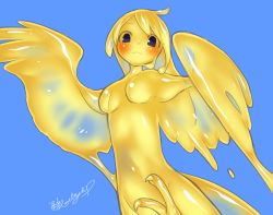 Rule 34 | 1girl, akira (meltyhip), blue background, blush, breasts, female focus, frown, harpy, monster girl, original, signature, simple background, slime girl, solo, wings