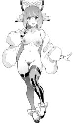 Rule 34 | 1girl, azukiko, blush, bow, breasts, creatures (company), drill hair, female pubic hair, full body, game freak, greyscale, hair bow, jacket, klara (pokemon), long sleeves, looking at viewer, medium breasts, mole, mole under mouth, monochrome, navel, nintendo, nipples, nude, open clothes, open jacket, parted lips, pokemon, pokemon swsh, pubic hair, simple background, smile, solo, thighhighs, twin drills, white background, wristband
