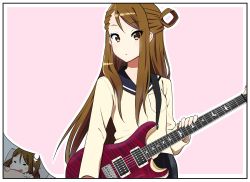 Rule 34 | 1girl, blanket, blanket grab, brown eyes, brown hair, closed eyes, dreaming, electric guitar, guitar, hair down, hair rings, highres, hikarigaoka high school uniform, holding, holding instrument, imagining, instrument, k-on!, k-on! shuffle, kakifly, long hair, looking at viewer, pillow, pink background, sawabe maho, school uniform, simple background, sleeping, solo, thought bubble, under covers, uniform