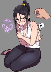 Rule 34 | 1girl, 2020, agawa ryou, annoyed, bare shoulders, black-framed eyewear, black hair, blush, breasts, cleavage, commentary, covering privates, covering breasts, dated, disembodied hand, glasses, grey background, high heels, long hair, medium breasts, original, ponytail, seiza, signature, simple background, sitting, spoken x, sweatdrop, thick thighs, thighs