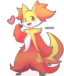 Rule 34 | 1girl, :3, absurdres, animal ear fluff, animal ears, animal nose, artist name, black fur, blush, body fur, brown eyes, creatures (company), delphox, female focus, fox ears, fox girl, fox tail, full body, game freak, gen 6 pokemon, hand to own mouth, hand up, happy, heart, highres, kaips, legs apart, looking to the side, nintendo, open mouth, pokemon, pokemon (creature), red fur, sideways mouth, simple background, smile, snout, solo, standing, tail, watermark, white background, white fur, yellow fur