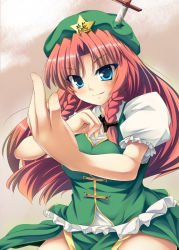 Rule 34 | 1girl, blue eyes, braid, china dress, chinese clothes, dress, female focus, hat, hong meiling, immaterial and missing power, knife, long hair, red hair, solo, tekehiro, throwing knife, touhou, twin braids, weapon