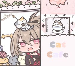 Rule 34 | 1girl, :3, @ @, animal, animal on head, azur lane, bow, brown hair, cat, cat on head, character name, chibi, chibi only, commentary request, futaba (anti clockwise), grey cat, hair bow, jean bart (azur lane), long hair, long sleeves, looking at viewer, on head, open mouth, solo, white cat, yellow cat
