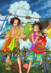 Rule 34 | 2boys, ^ ^, basket, camouflage, closed eyes, clothes pin, clothesline, cloud, collared shirt, east blue, feet out of frame, flower, freckles, grin, hat, laundry, male focus, monkey d. luffy, multiple boys, natsuki (natuki18902), one eye closed, one piece, outdoors, portgas d. ace, scar, shirt, short hair, short sleeves, shorts, sky, sleeveless, sleeveless shirt, smile, standing, straw hat, wavy hair, yellow shirt, aged down