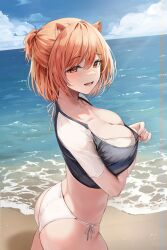 Rule 34 | 1girl, absurdres, animal ears, ass, beach, bikini, blush, breasts, character request, cleavage, commentary request, copyright request, from side, highres, korean commentary, large breasts, lillly, looking at viewer, looking to the side, ocean, open mouth, orange eyes, orange hair, outdoors, short hair, short sleeves, side-tie bikini bottom, smile, solo, swimsuit, water, white bikini