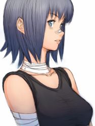 Rule 34 | 1girl, bandages, blue eyes, blue hair, collarbone, from side, fumio (rsqkr), looking at viewer, matching hair/eyes, short hair, simple background, solo, tank top