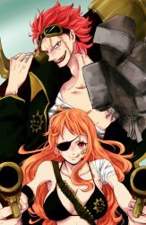Rule 34 | 1boy, 1girl, amputee, bandages, bikini, bikini top only, breasts, cleavage, dual wielding, eustass kid, eyepatch, goggles, goggles on head, gun, holding, long hair, nami (one piece), one piece, orange hair, prosthesis, prosthetic arm, red hair, scar, swimsuit, timo, weapon