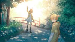 Rule 34 | 1boy, 1girl, ahoge, architecture, arm at side, arm up, backlighting, black footwear, black socks, blonde hair, blue eyes, bow, bridge, casual, day, dress, east asian architecture, grass, hair bow, highres, hood, hooded jacket, jacket, kagamine len, kagamine rin, kneehighs, leaf, loafers, long sleeves, looking at viewer, mimengfeixue, open mouth, outdoors, path, pleated skirt, railing, road, shirt, shoes, short hair, skirt, socks, sunlight, tree, vocaloid, waving, white bow, white dress, yellow jacket, yellow shirt