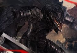 Rule 34 | 1boy, armor, bad id, bad twitter id, berserk, berserker armor, black armor, black cape, cape, closed mouth, commentary, cowboy shot, dragonslayer (sword), english commentary, fighting stance, full armor, gauntlets, glowing, glowing eyes, guts (berserk), helmet, holding, holding sword, holding weapon, leaning forward, looking away, male focus, mono (jdaj), outstretched arms, pauldrons, red eyes, shoulder armor, solo, sword, vambraces, weapon