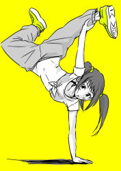 Rule 34 | 1girl, alternate hairstyle, baggy pants, black hair, breakdance, breasts, brown eyes, eyelashes, female focus, focused, full body, green footwear, hand on floor, hand on own leg, idolmaster, idolmaster cinderella girls, long hair, long twintails, looking at viewer, low twintails, midriff, monochrome, nakano yuka, namco, navel, neck, outstretched arms, pants, shinkai kiiro, shirt, shoes, short sleeves, side bangs, sidelocks, simple background, small breasts, sneakers, spread arms, spread legs, t-shirt, tied shirt, traditional media, twintails, upside-down, very long hair, yellow background