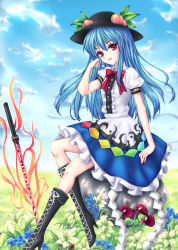 Rule 34 | 1girl, blue hair, bow, cloud, cross-laced footwear, day, female focus, flower, food, fred0092, frills, fruit, grass, hat, hinanawi tenshi, keystone, leaf, long hair, open mouth, peach, red eyes, rock, short sleeves, sitting, sky, solo, sword, sword of hisou, touhou, very long hair, weapon