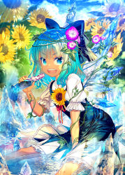 Rule 34 | 1girl, blue bow, blue dress, blue eyes, blue hair, bottle, bow, cirno, commentary request, day, dress, flower, holding, holding bottle, ice, ice wings, in water, looking at viewer, morning glory, outdoors, puffy short sleeves, puffy sleeves, ramune, red ribbon, ribbon, short sleeves, sitting, smile, solo, summer, sunflower, sunlight, tan, teeth, touhou, water, wings, zounose