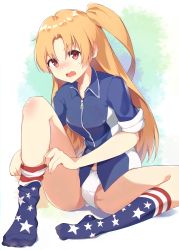 Rule 34 | 1girl, american flag legwear, azur lane, blonde hair, blue shirt, blush, bushinofuji, cleveland (azur lane), collared shirt, commentary request, crotch seam, fang, feet, frown, head tilt, highres, legs, lips, long hair, looking at viewer, multicolored clothes, multicolored legwear, no pants, no shoes, one side up, open mouth, panties, parted bangs, pulled by self, red eyes, shirt, short sleeves, sitting, sleeves rolled up, sock pull, socks, solo, sweatdrop, underwear, very long hair, white panties, zipper