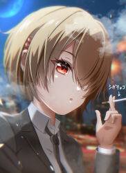 Rule 34 | 1girl, :o, absurdres, alternate costume, asaba touka, black necktie, black suit, blonde hair, blurry, blurry background, cigarette, collared shirt, commentary request, crescent moon, eyelashes, formal, hair ornament, hair over one eye, hairclip, heaven burns red, highres, holding, holding cigarette, kayamori ruka, looking at viewer, moon, necktie, night, one eye covered, open mouth, outdoors, red eyes, shirt, short hair, smoke, solo, suit, translated, tsurime, white shirt