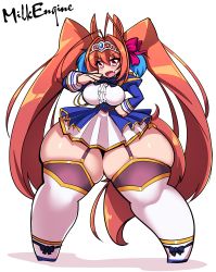 Rule 34 | 1girl, absurdres, animal ears, ass, blue bow, blue neckwear, blush, bow, breasts, brown hair, curvy, daiwa scarlet (umamusume), fang, frills, garter belt, gem, hair between eyes, hair intakes, hands on own hips, highres, horse ears, horse girl, horse tail, huge ass, kyosuke fujiwara, large breasts, light blush, long hair, ojou-sama pose, pink background, plump, puffy sleeves, red eyes, red hair, simple background, skirt, smile, solo, tail, thick thighs, thighs, tiara, twintails, umamusume, very long hair