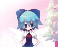 Rule 34 | 1girl, blue eyes, blue hair, cirno, dress, fairy, female focus, gradient background, inuhito, matching hair/eyes, pink background, plant, solo, touhou, v-shaped eyebrows, white background, wings