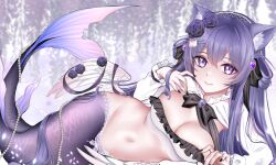 Rule 34 | 1girl, absurdres, animal ears, black nails, black ribbon, breasts, cat ears, cleavage, closed mouth, commentary, commission, feathered wings, flower, gem, hair flower, hair ornament, hair ribbon, highres, large breasts, long hair, low wings, lying, mermaid, monster girl, nail polish, navel, necrotenshi, on side, original, pearl (gemstone), purple eyes, purple flower, purple hair, purple rose, ribbon, rose, smile, solo, wings