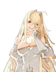 Rule 34 | 1girl, antenna hair, archetype earth, arcueid brunestud, bare shoulders, blonde hair, breasts, collarbone, detached sleeves, dress, hair intakes, hand on own face, large breasts, long hair, long sleeves, looking at viewer, red eyes, simple background, solo, standing, starshadowmagician, tsukihime, type-moon, white background