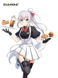 Rule 34 | 1girl, alternate hair color, badge, black gloves, black shirt, black thighhighs, blue eyes, blush, bow, bowtie, breasts, cake, cake slice, center frills, closed mouth, closers, coffee, collared shirt, copyright name, cowboy shot, cup, cupcake, doughnut, drinking glass, floating hair, flying sweatdrops, food, frills, garter straps, gloves, hair bow, hands up, high-waist skirt, highres, holding, holding plate, ice cream, ice cream float, lace, lace-trimmed thighhighs, leg up, logo, long hair, looking at viewer, mary janes, miniskirt, official art, plate, pleated skirt, ponytail, puffy short sleeves, puffy sleeves, red bow, red bowtie, seulbi lee, shirt, shoes, short sleeves, sidelocks, skirt, small breasts, smile, solo, standing, standing on one leg, strawberry cake, suspender skirt, suspenders, thighhighs, underbust, v-shaped eyebrows, very long hair, waitress, white background, white footwear, white hair, white skirt, zettai ryouiki
