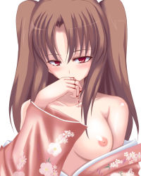 Rule 34 | 00s, 1girl, artist request, biting, blood, blush, breast slip, breasts, brown hair, finger biting, japanese clothes, kimono, nipples, one breast out, red eyes, solo, tsukihime, twintails, two side up, yumizuka satsuki