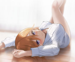 Rule 34 | 1girl, bare legs, blush, breasts, brown hair, closed mouth, collared shirt, covered erect nipples, dress shirt, from behind, hair between eyes, highres, leg up, long sleeves, looking at viewer, love live!, love live! superstar!!, lying, medium breasts, naked shirt, netsuka, on back, purple eyes, shibuya kanon, shirt, short hair, smile, solo, white shirt, wing collar, wooden floor