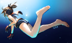 Rule 34 | 1girl, ass, barefoot, brown hair, ergot, freediving, from behind, gloves, gradient background, hair ornament, hairclip, i-401 (kancolle), kantai collection, looking away, orange sailor collar, ponytail, sailor collar, school swimsuit, shirt, short ponytail, side-tie shirt, sleeveless, sleeveless shirt, solo, swimming, swimsuit, swimsuit under clothes, underwater