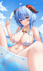 Rule 34 | 1girl, absurdres, bell, bikini, blue hair, blue sky, blush, breasts, cameltoe, cleavage, closed mouth, cloud, food, front-tie bikini top, front-tie top, ganyu (genshin impact), genshin impact, goat horns, hiaoba, highres, holding, holding food, holding ice cream, horns, ice cream, innertube, large breasts, looking at viewer, navel, neck bell, ocean, partially submerged, popsicle, purple eyes, signature, sky, smile, solo, spread legs, swim ring, swimsuit, wet, white bikini