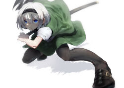 Rule 34 | 1girl, absurdres, black footwear, black hairband, black thighhighs, blue eyes, bow hairband, closed mouth, commentary request, frown, full body, green skirt, green vest, hair between eyes, hairband, highres, holding, holding sword, holding weapon, katana, konpaku youmu, medium bangs, puffy short sleeves, puffy sleeves, serious, shirt, shoes, short hair, short sleeves, simple background, skirt, skirt set, solo, sotatsudraw, squatting, sword, thighhighs, touhou, vest, weapon, white background, white hair, white shirt