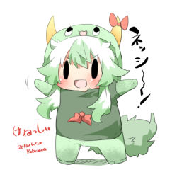Rule 34 | 1girl, alternate costume, artist name, bad id, bad pixiv id, chibi, cosplay, dated, green hair, horn ornament, horn ribbon, horns, kamishirasawa keine, long hair, lowres, open mouth, outstretched arms, rebecca (keinelove), ribbon, single horn, smile, solo, sukusuku hakutaku, sukusuku hakutaku (cosplay), touhou, | |