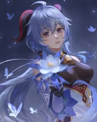 Rule 34 | 1girl, ahoge, bare shoulders, bell, black gloves, blue flower, blue hair, blush, breasts, bug, butterfly, detached sleeves, flower, ganyu (genshin impact), genshin impact, glaze lily, gloves, highres, holding, holding flower, horns, insect, light smile, long hair, looking at viewer, medium breasts, meguri syun, neck bell, parted lips, purple eyes, sidelocks, solo, upper body, white sleeves
