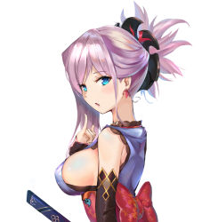 Rule 34 | 1girl, absurdres, blue eyes, blush, breasts, earrings, fate/grand order, fate (series), from side, hair ornament, hand gesture, highres, japanese clothes, jewelry, large breasts, looking at viewer, miyamoto musashi (fate), miyamoto musashi (first ascension) (fate), pink hair, shi qi kuang beng, sideboob, simple background, smile, solo, upper body, white background