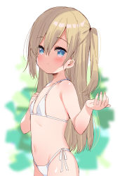 Rule 34 | 1girl, bare arms, bare shoulders, bikini, blonde hair, blue eyes, blurry, blurry background, blush, closed mouth, copyright request, depth of field, flat chest, from side, hair between eyes, hands up, highres, long hair, looking at viewer, looking to the side, meito (maze), navel, one side up, side-tie bikini bottom, solo, swimsuit, very long hair, white background, white bikini