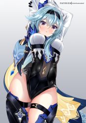 Rule 34 | 1girl, arms up, belt, blue hair, cape, commentary request, eula (genshin impact), from below, genshin impact, grey eyes, hair between eyes, hair ornament, hairband, helvetica std, highres, leotard, long sleeves, looking at viewer, looking down, medium hair, necktie, parted lips, sidelocks, simple background, solo, stretching