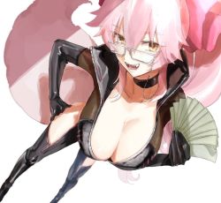 Rule 34 | 1girl, ak pjm, black bodysuit, bodysuit, boots, breasts, center opening, choker, cleavage, commentary, elbow gloves, fate/grand order, fate (series), fox girl, fox tail, glasses, gloves, grin, hair between eyes, high collar, hip vent, holding, holding money, koyanskaya (fate), large breasts, long hair, looking at viewer, money, open mouth, partially unzipped, pink hair, ponytail, smile, solo, tail, tamamo (fate), very long hair, yellow eyes