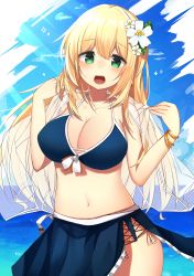 Rule 34 | 1girl, absurdres, atago (kancolle), bikini, bikini skirt, blonde hair, blue bikini, blue skirt, blue sky, breasts, cloud, commentary request, cowboy shot, day, flower, green eyes, hair flower, hair ornament, highres, horizon, kantai collection, katsuobushi (eba games), large breasts, long hair, looking at viewer, ocean, open mouth, skirt, sky, solo, swimsuit