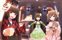 Rule 34 | 3girls, :d, ahoge, bare shoulders, black sailor collar, black skirt, blue eyes, blunt bangs, bridal gauntlets, brown hair, cake, cake slice, checkered clothes, closed mouth, commentary request, copyright request, dress, feeding, flower, food, frilled dress, frills, green dress, green eyes, green flower, hair flower, hair ornament, han (hehuihuihui), highres, holding, holding plate, holding stuffed toy, incoming food, japanese clothes, kimono, long hair, long sleeves, mask, mask on head, multiple girls, open clothes, open mouth, outstretched arms, pink kimono, plate, pleated skirt, railing, red eyes, sailor collar, shirt, skirt, smile, strapless, strapless dress, stuffed animal, stuffed toy, table, teddy bear, very long hair, wall lamp, white shirt, wide sleeves, yellow flower